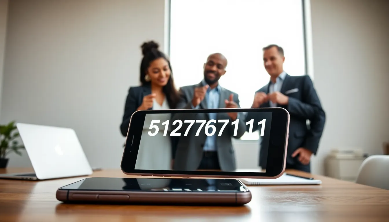 smartphone displaying the number 5127767111 in a modern office.